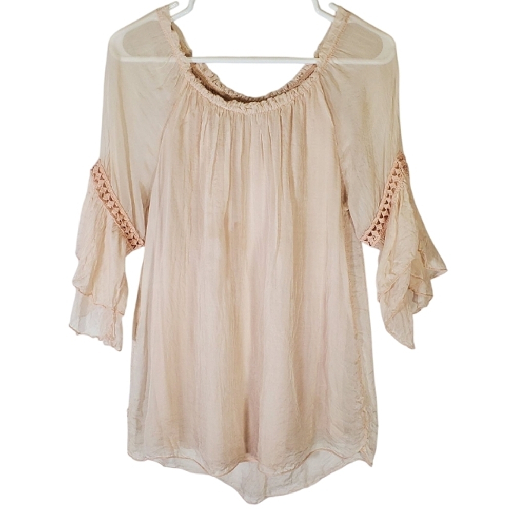 2245 * Elena Baldi Silk Peasant Blouse Blush Light Pink Size L